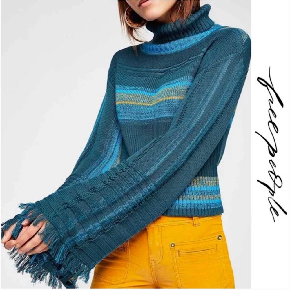 FREE PEOPLE Close To Me Striped Flare Sleeve
Turtleneck Sweater Blue Boho Fringe